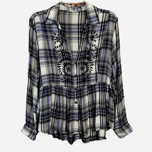 Boho Plaid Embroidered Top S En Crème Anthropologie Cottagecore Lagenlook - Picture 1 of 7
